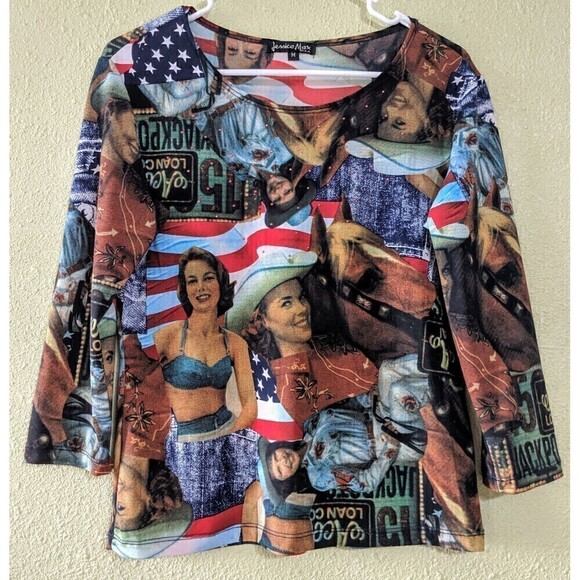 Jessica Max Vintage 90's Western Pinup pullover stretchy shirt  Size M - Picture 1 of 7